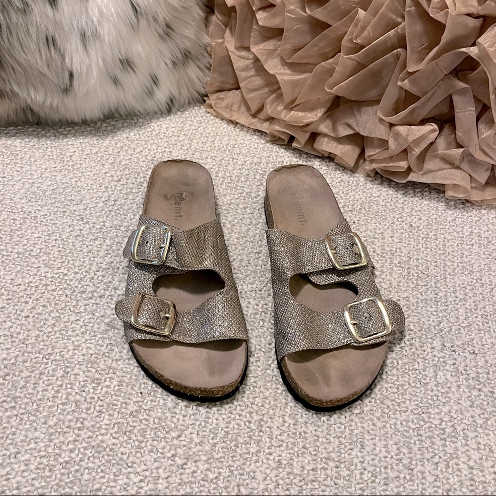 White Mt. Horizon Shimmer Fabric Double Buckle Cork Heel Slide Sandals Sandals